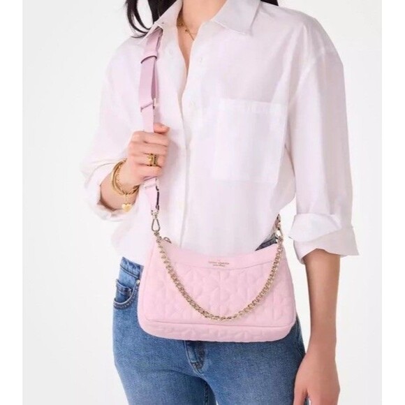 Kate Spade Pink Flower Quilted Convertible Crossbody Crescent Shoulder B… - Picture 4 of 5